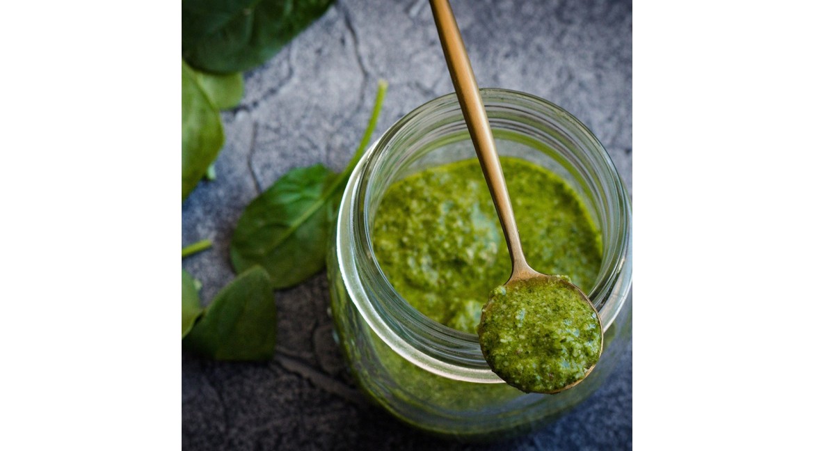 Basil pesto and toasted hazelnuts